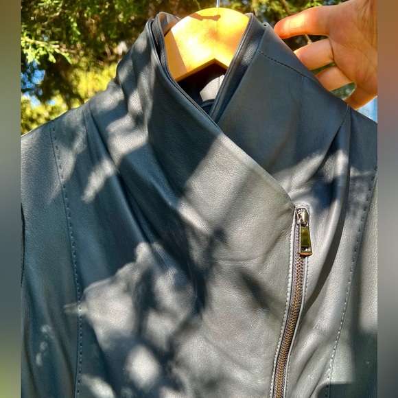 Vince 100% Goat Leather Moto Jacket Funnel Neck S Womens Charcoal Grey - Picture 3 of 16